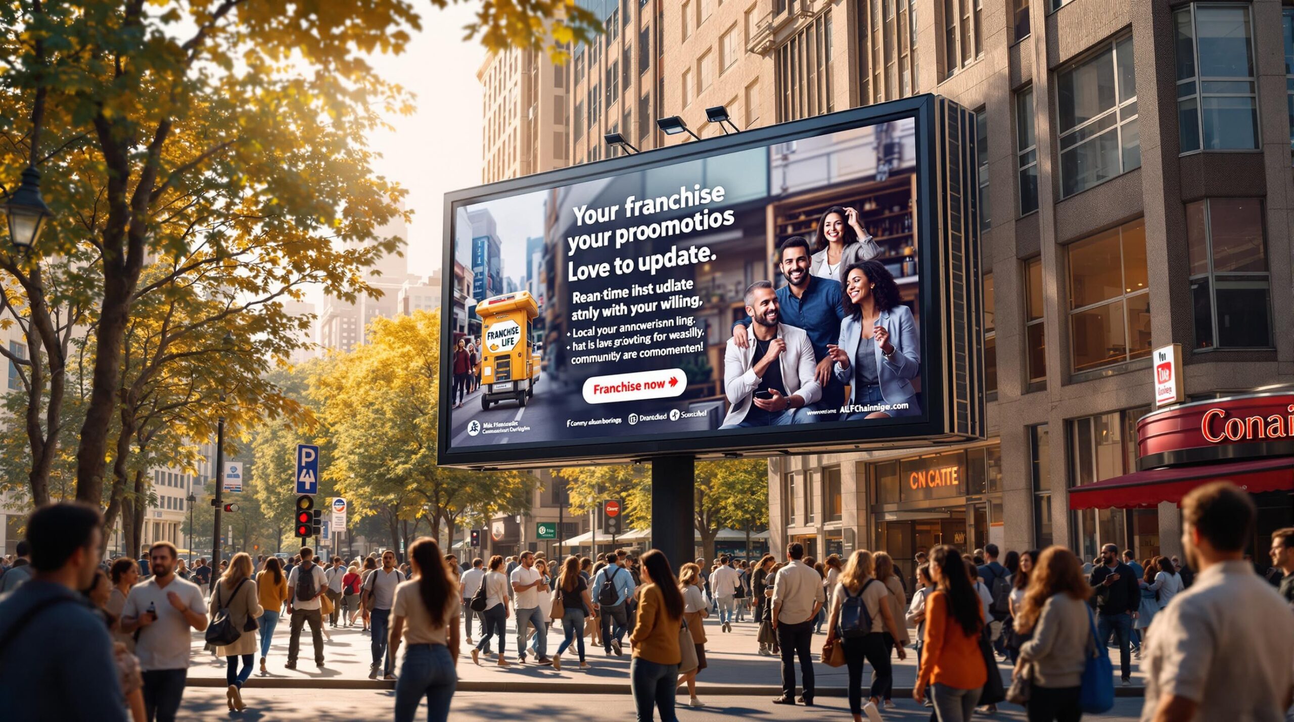 Wide digital billboard on a tree-lined street showing smiling diverse group promoting franchises, busy sidewalk with people walking.