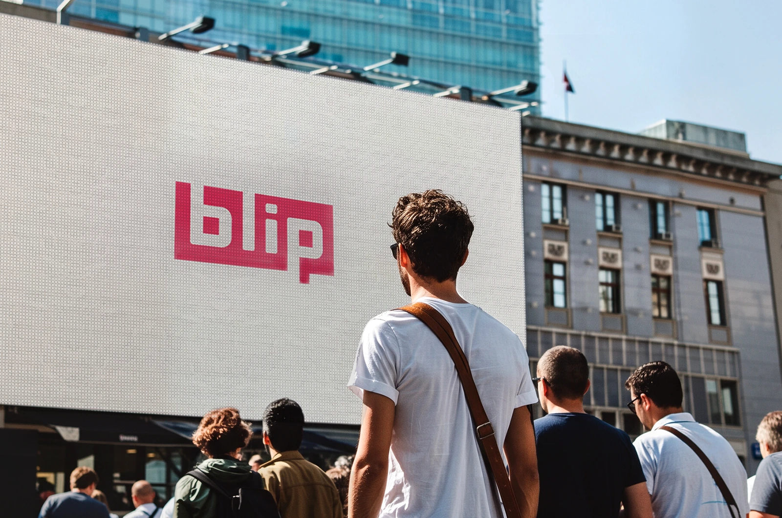 Pedestrians viewing a Blip digital billboard in a city