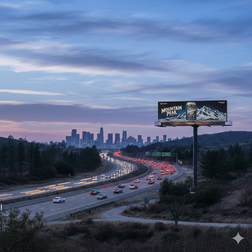 Digital billboard beside a highway overlooking a city skyline at dusk