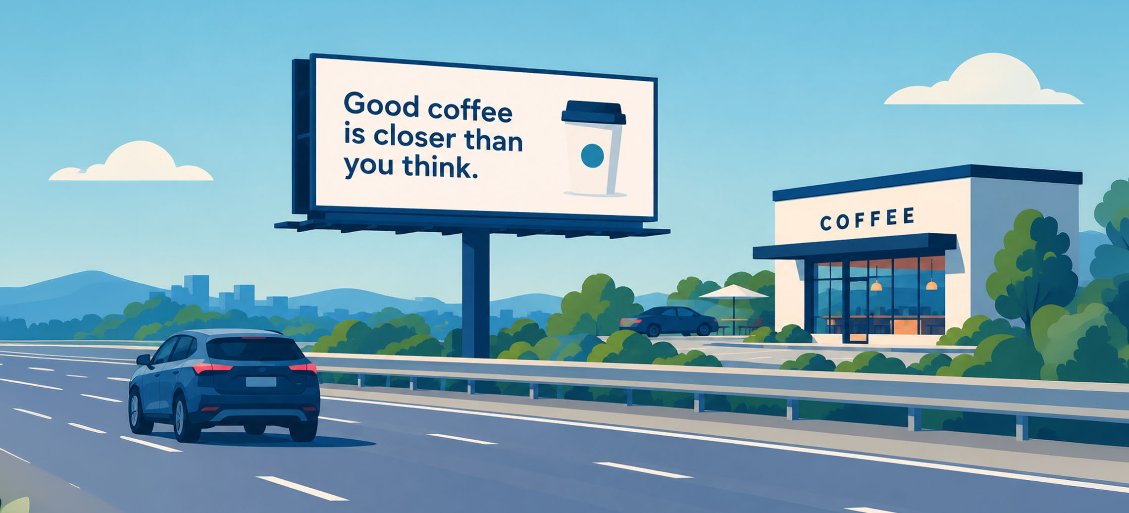 Illustration of a coffee shop billboard beside a highway