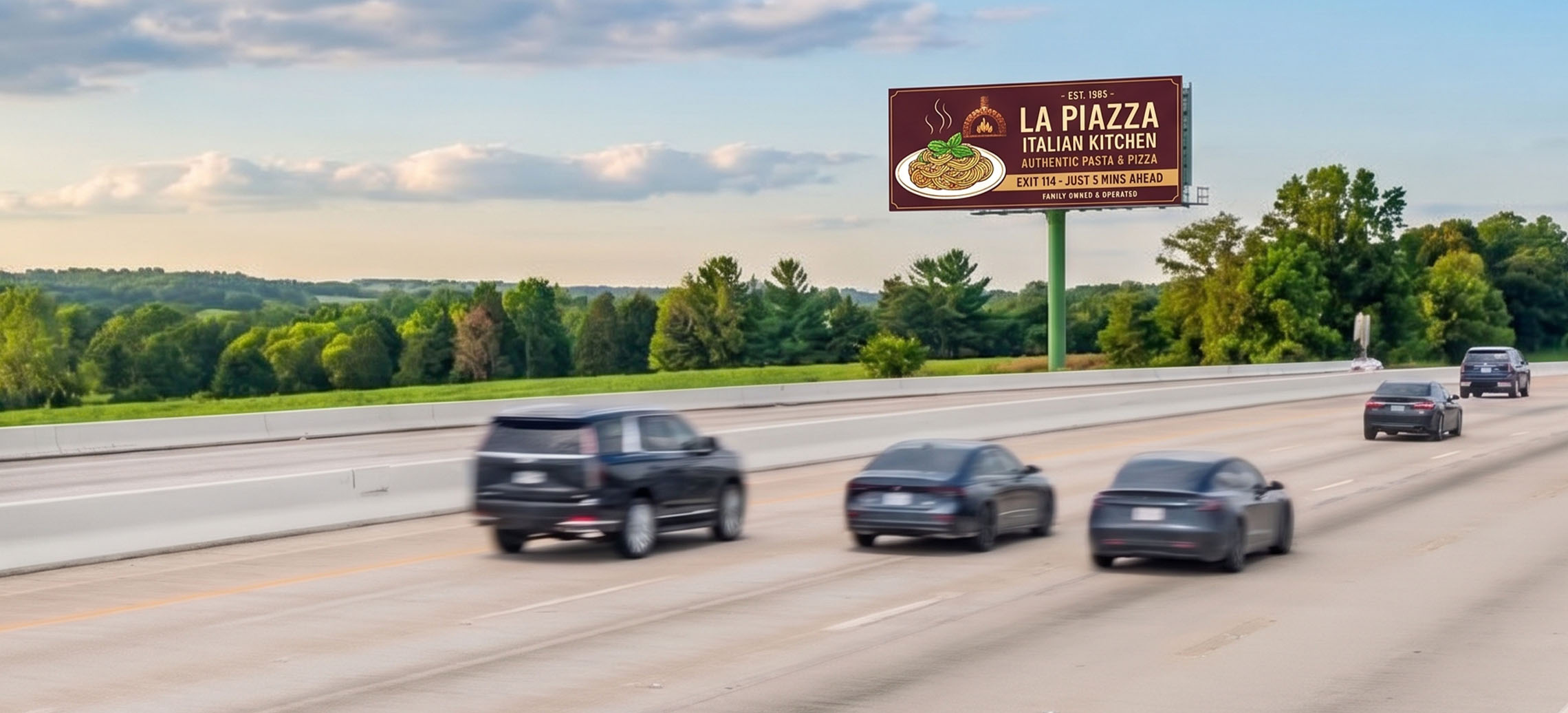 Digital billboard for an Italian restaurant beside a highway