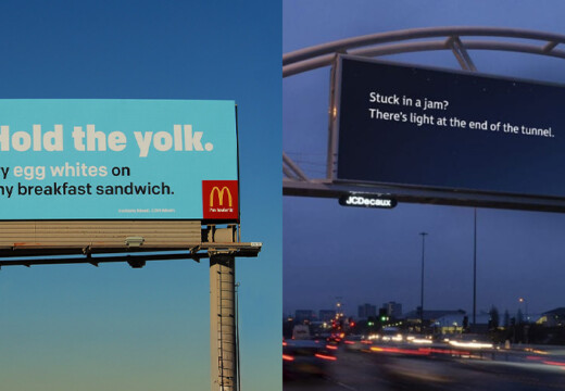 Side-by-side McDonald’s billboards — one daylight ad promoting egg white breakfast sandwiches, one night highway sign with “light at end of tunnel” slogan.