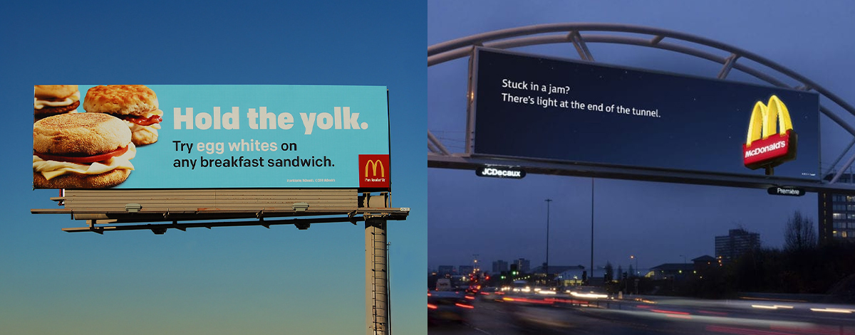 Side-by-side McDonald’s billboards — one daylight ad promoting egg white breakfast sandwiches, one night highway sign with “light at end of tunnel” slogan.