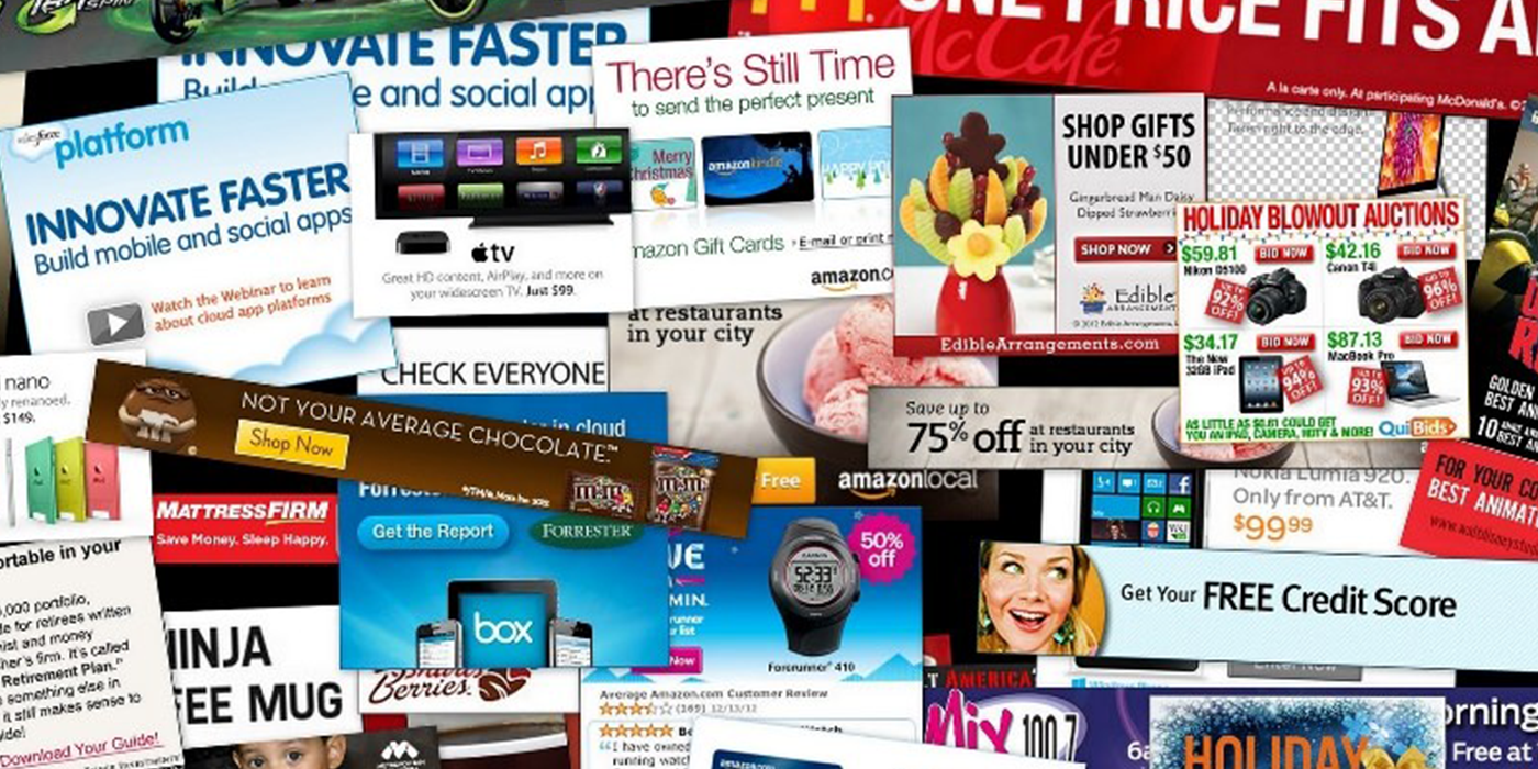 Colorful digital collage with multiple online ads, discounts, and promotional graphics.
