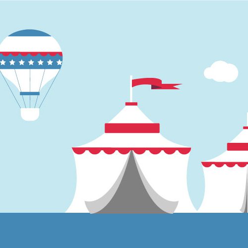 Hot air balloons over carnival tents illustration
