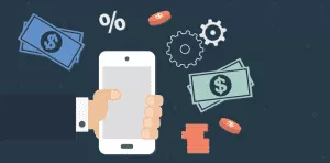 Smartphone with money, gears, and payment icons