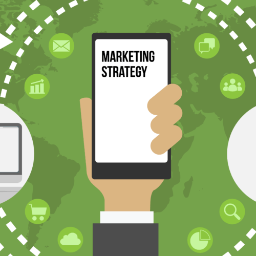 Marketing strategy phone with icons graphic