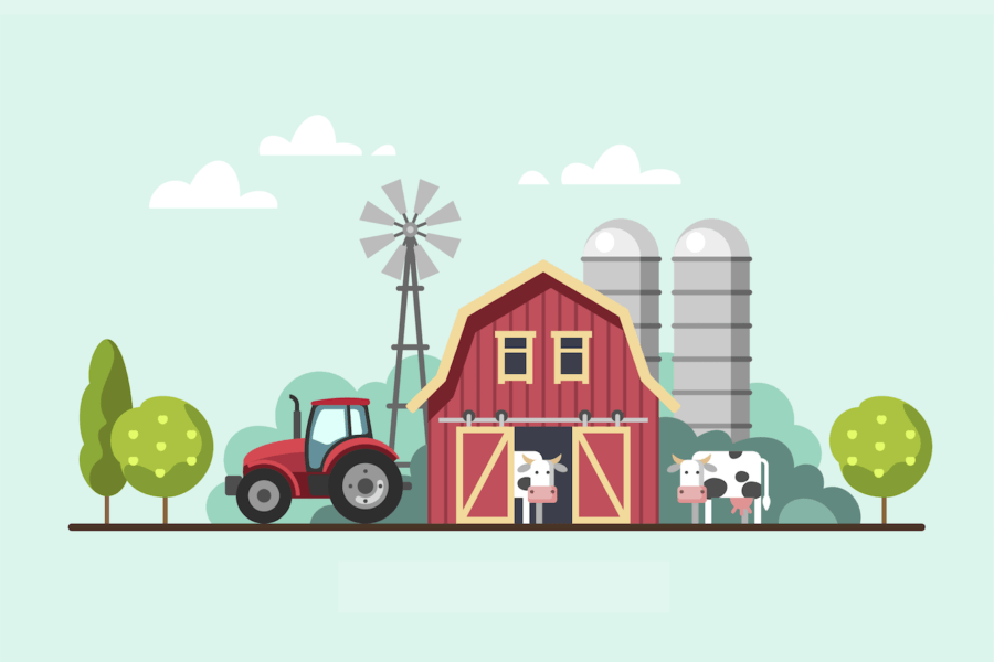 Farm with tractor, barn, and windmill