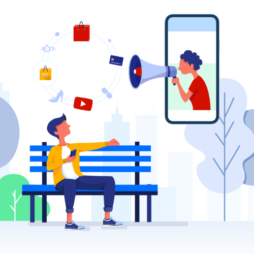 People using smartphone outdoors illustration