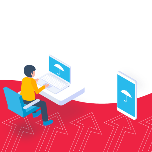 Illustration of person at desk with upward arrows