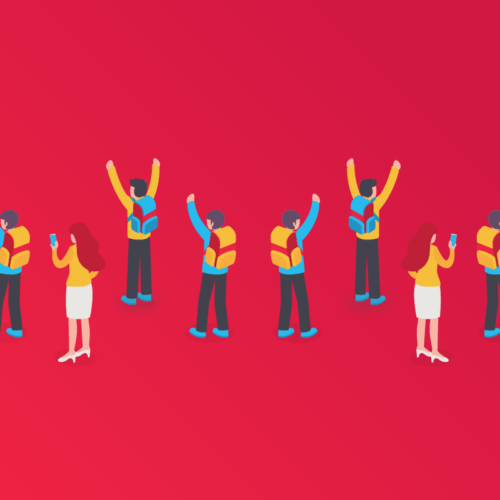 Team celebration illustration on red