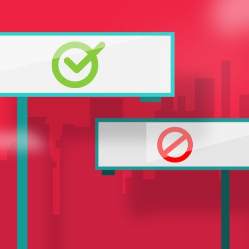 Compliance graphic with green check and red ban signs