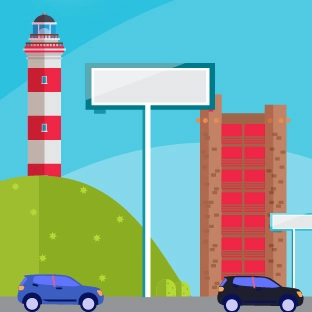 Lighthouse and signposts with city skyline illustration