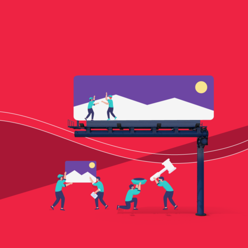 Winter billboard scene with tiny figures in snow