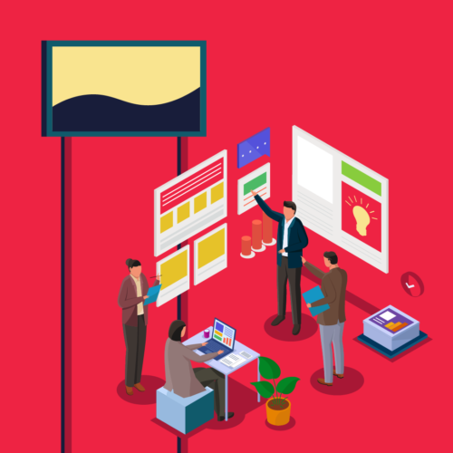Isometric marketing dashboards around billboard
