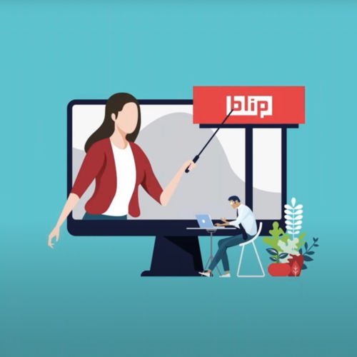 Woman at desk using computer—Blip dashboard illustration