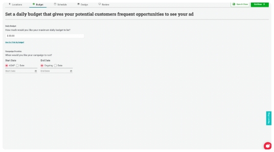 Dashboard screen to set daily billboard ad budget with spend sliders and options.