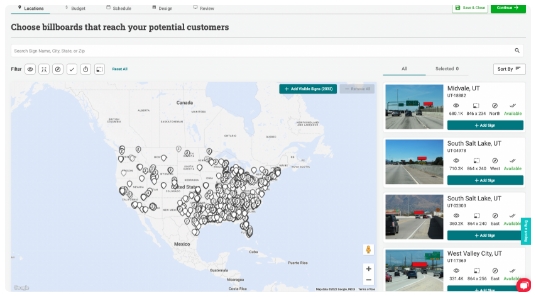 Map view of available billboard locations across the United States on Blip Billboards platform.