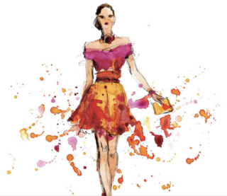 Fashion illustration of woman in red dress