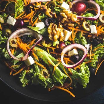 Overhead shot of colorful salad bowl