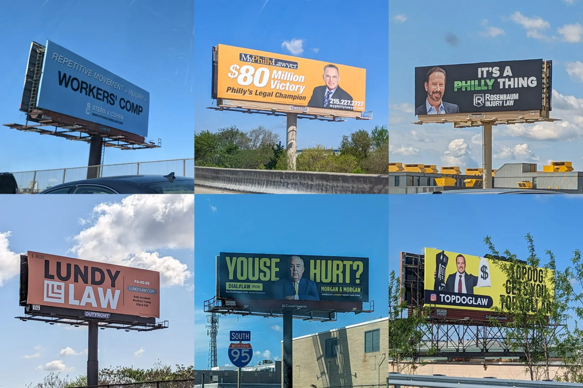 Six different roadside lawyer billboards in daylight — legal ads featuring attorneys, settlement amounts, and injury law messaging.