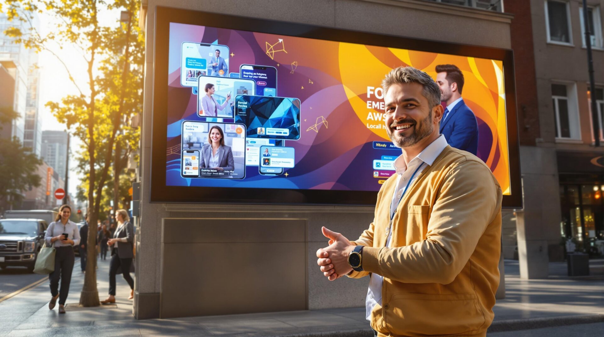 Smiling man in yellow jacket in front of a large modern digital billboard showing business networking visuals in a city street.