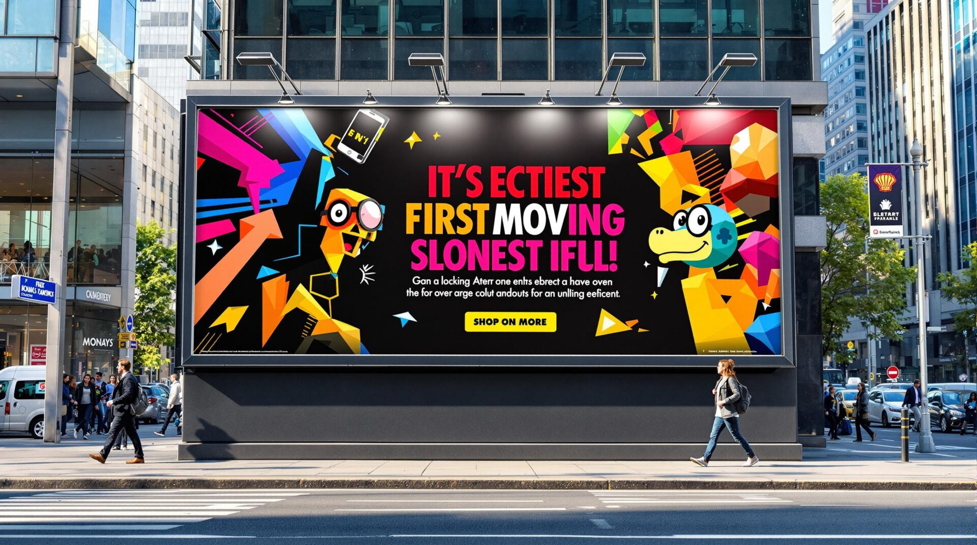 Bright geometric cartoon-style billboard with abstract characters and bold text, urban street with pedestrians passing.