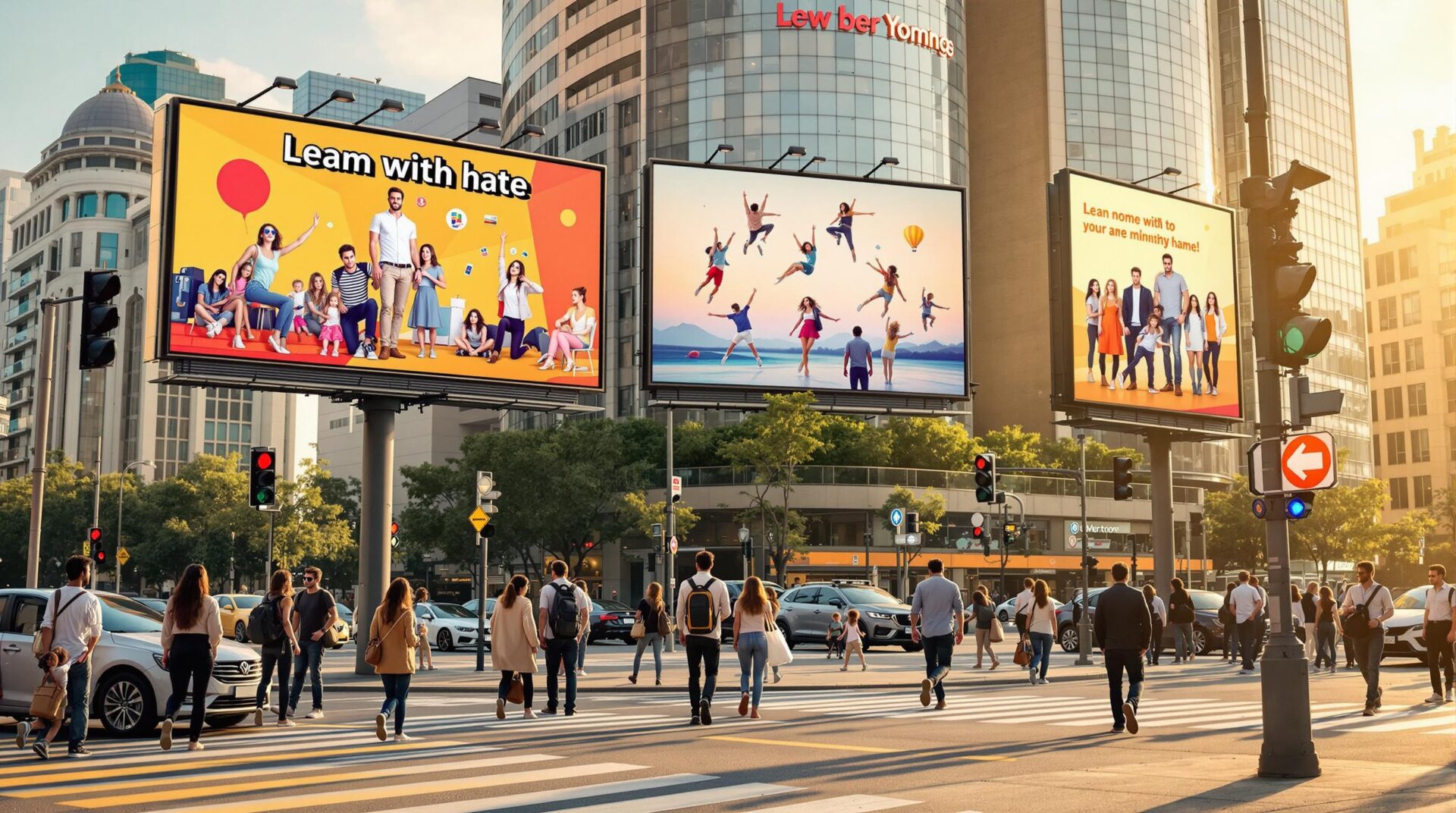 Three large digital billboards on a busy city street with people crossing.