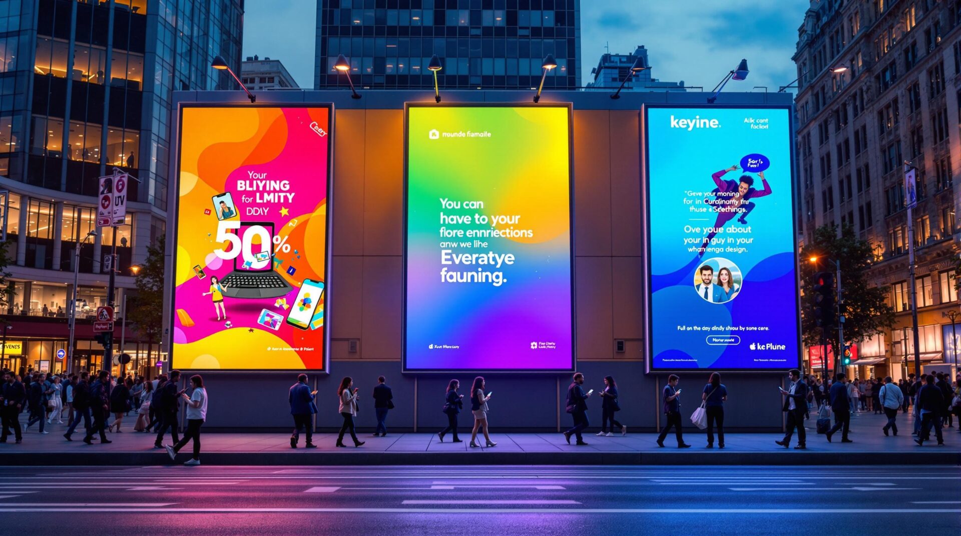 Row of three bright vertical digital billboards in a busy city street at dusk, each with colorful abstract ads and people walking below.