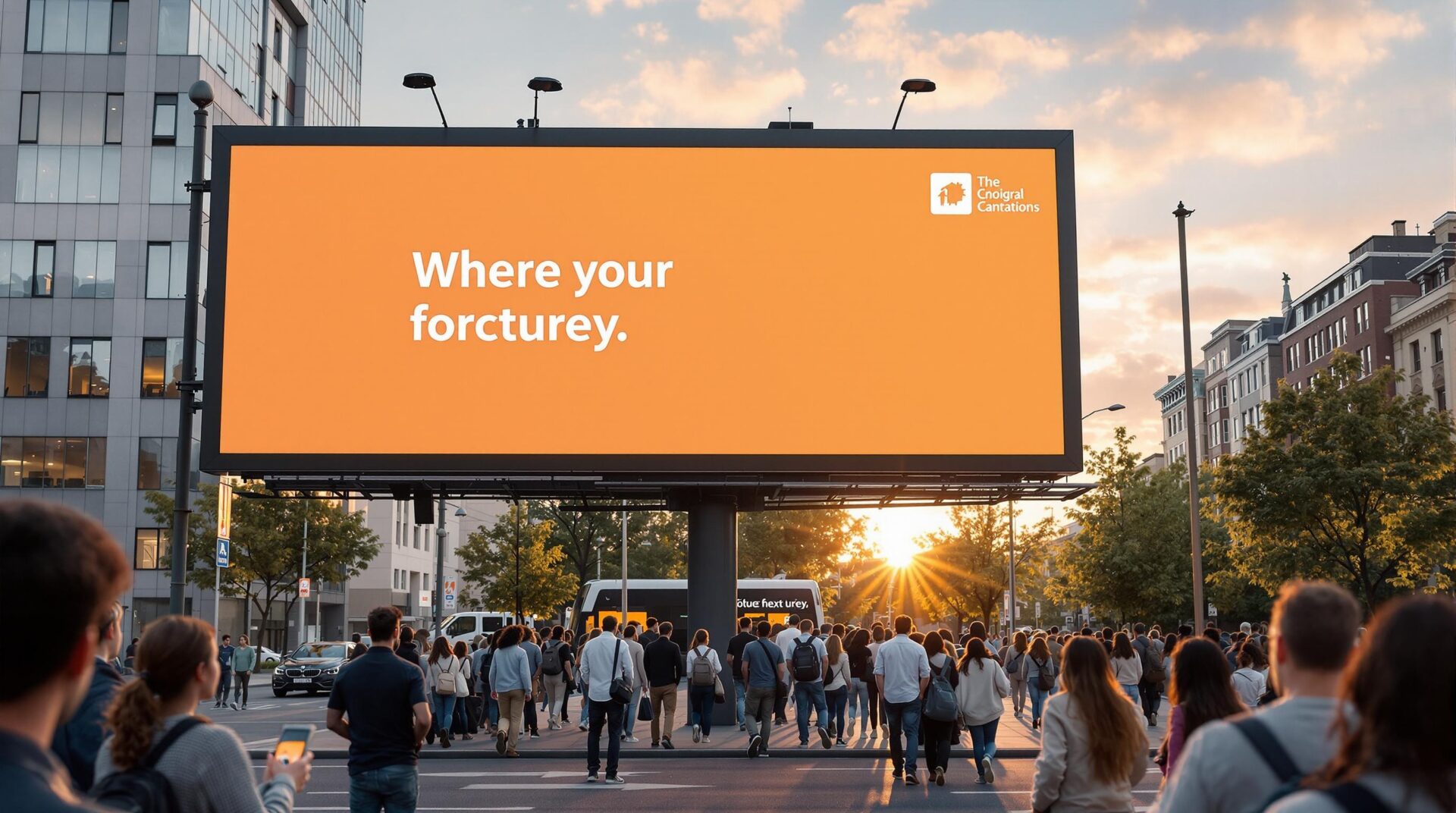 Simple orange billboard with placeholder text “Where your fortcurtey” in a busy city street with pedestrians.
