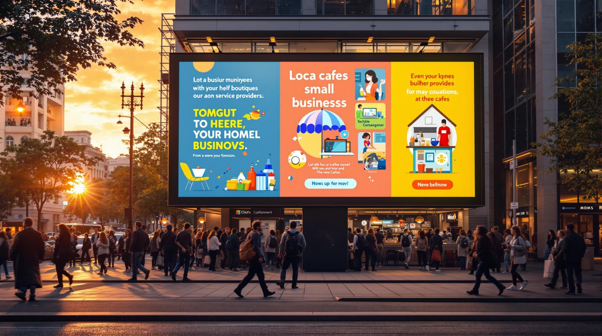 Large digital billboard in a busy city at sunset showing colorful illustrated ads promoting local cafes and small businesses, with pedestrians walking below.