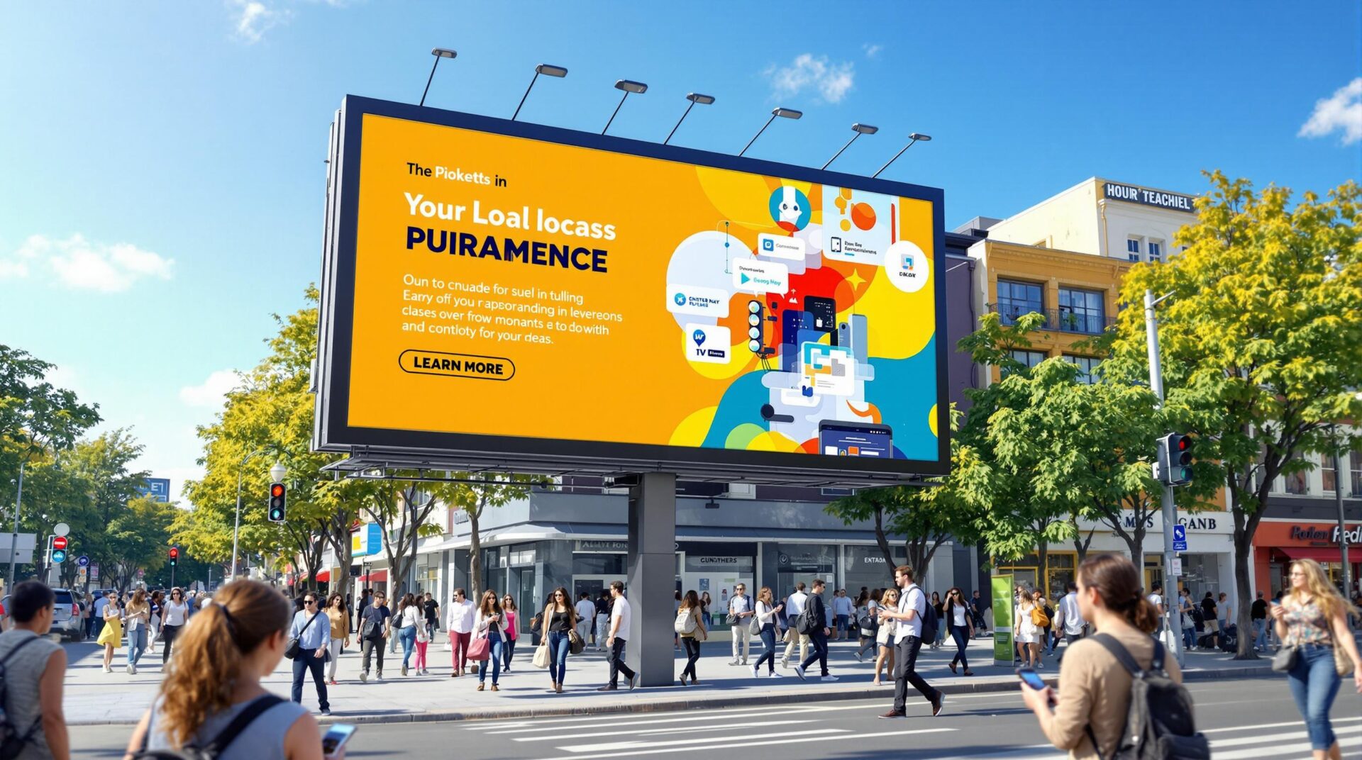 Large digital billboard with bright yellow ad and abstract graphics on a busy city street with pedestrians walking below.