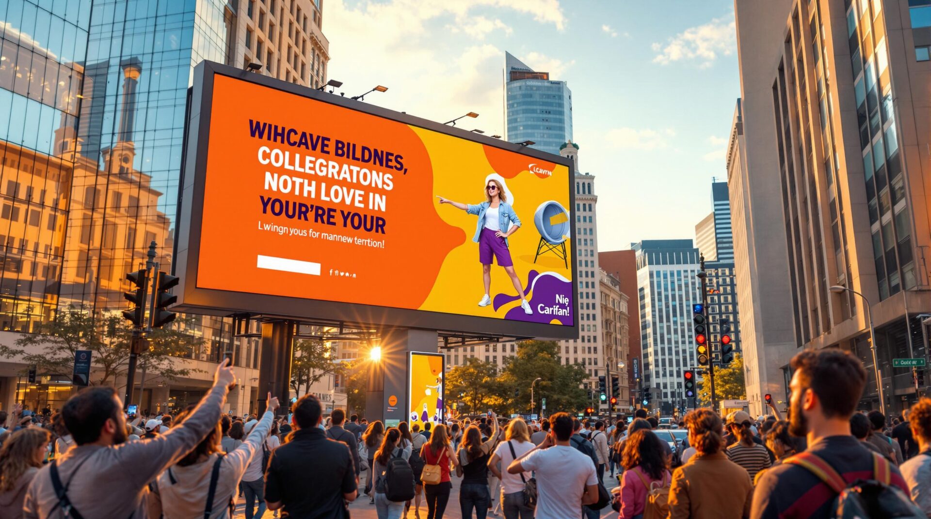 Bright digital screen in a modern city plaza with a person pointing or presenting in front of the billboard.