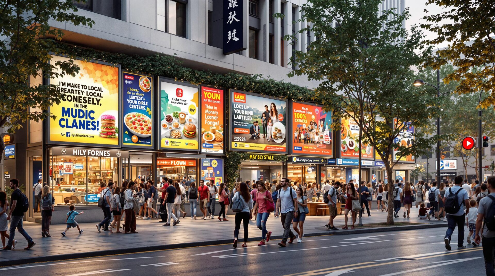 Busy city street with people walking past a row of large, colorful billboards advertising various food and drink items.