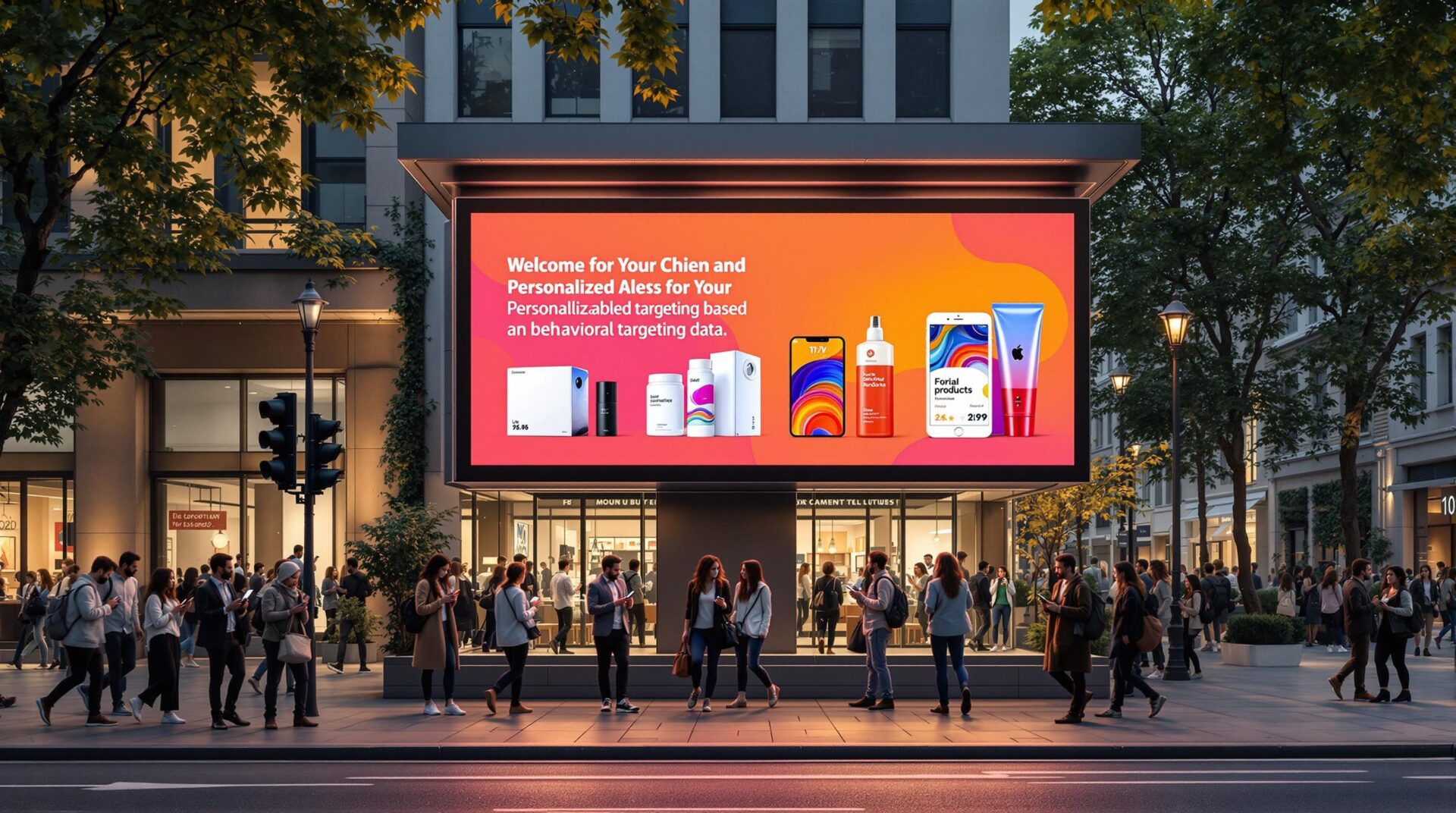 Digital billboard showing beauty and tech products with marketing tagline about personalized targeting and data.