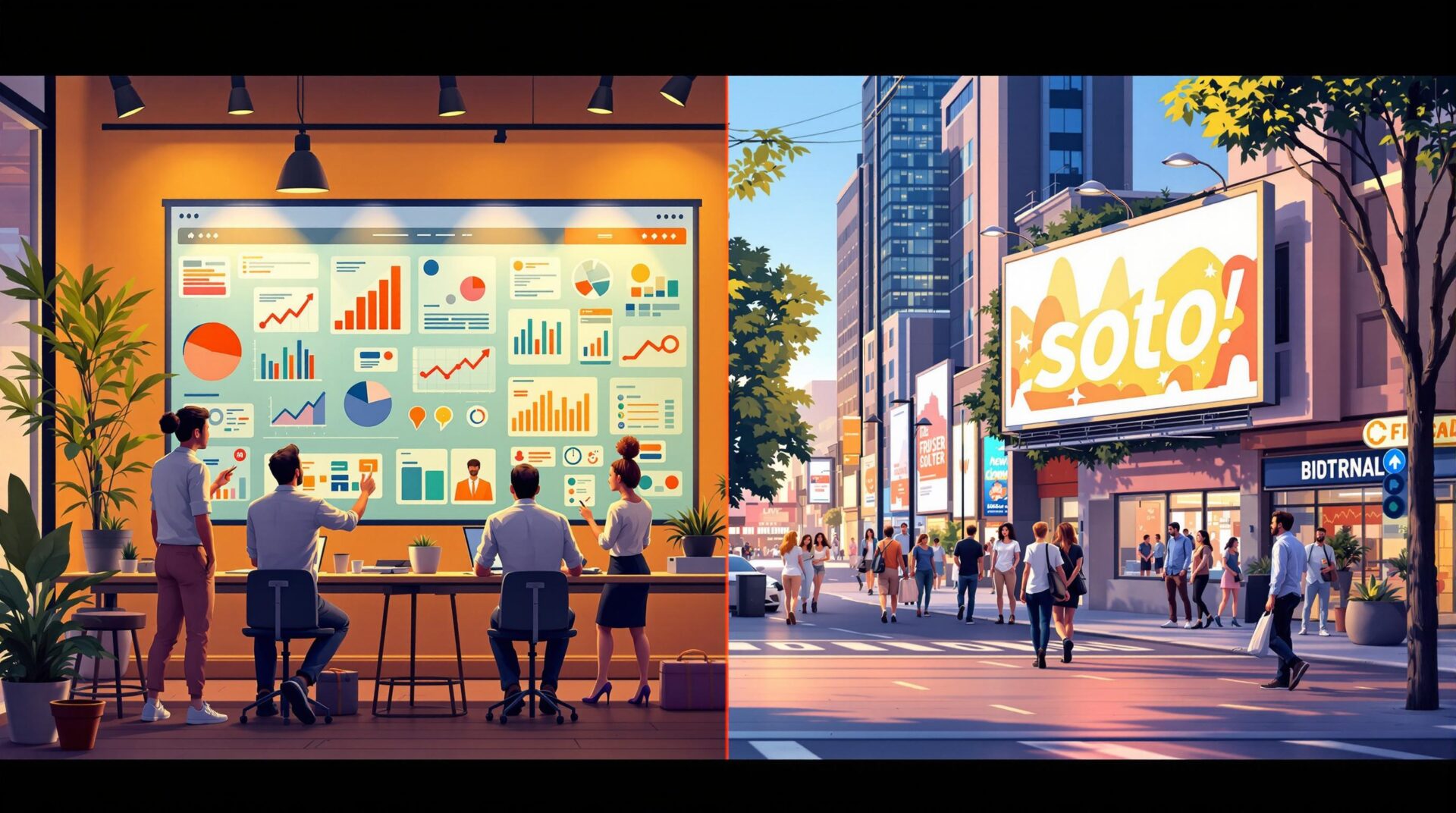 Split image of a team analyzing data charts indoors and vibrant street scene with billboards outside.