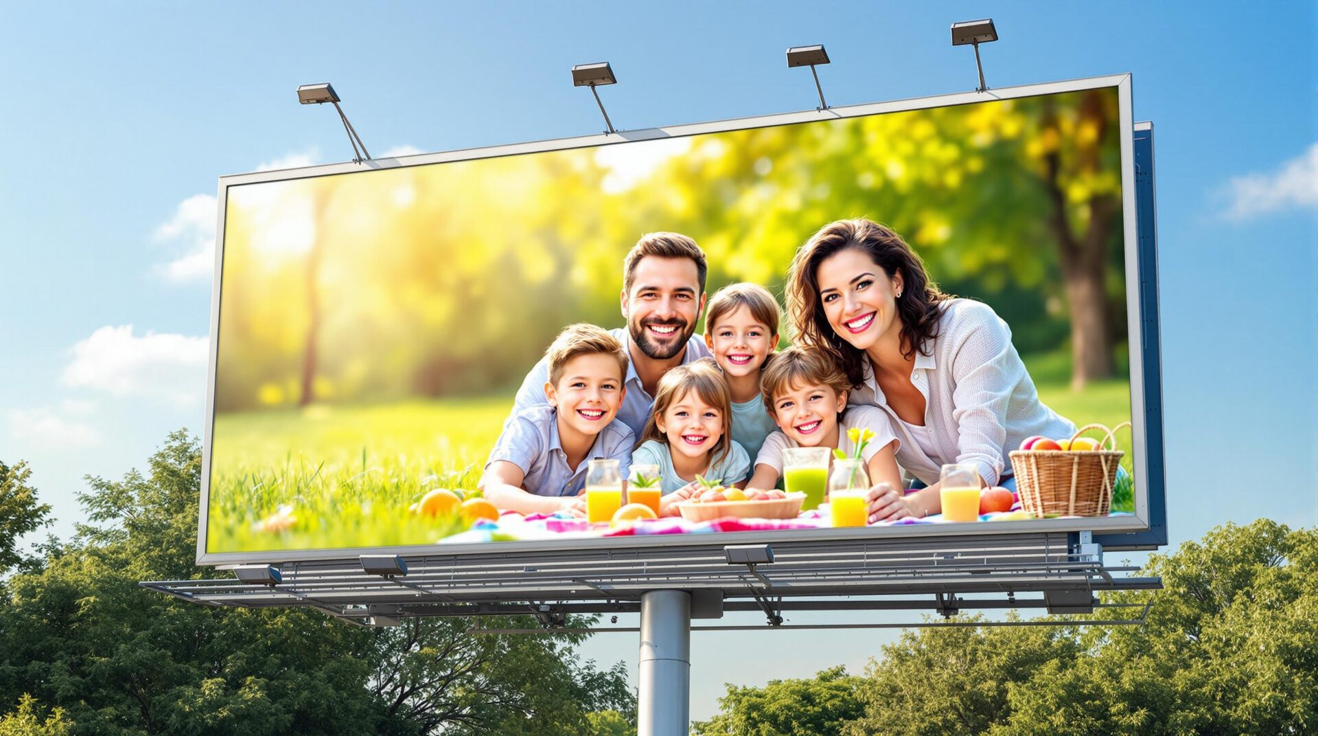 Outdoor billboard featuring a happy family lying on grass enjoying a picnic in a sunny park setting.