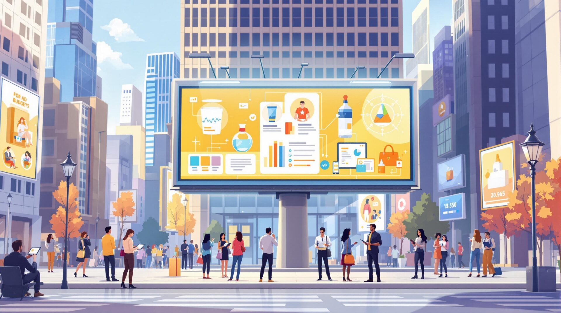 Illustrated city square with a giant digital billboard showing marketing charts and analytics surrounded by people walking.