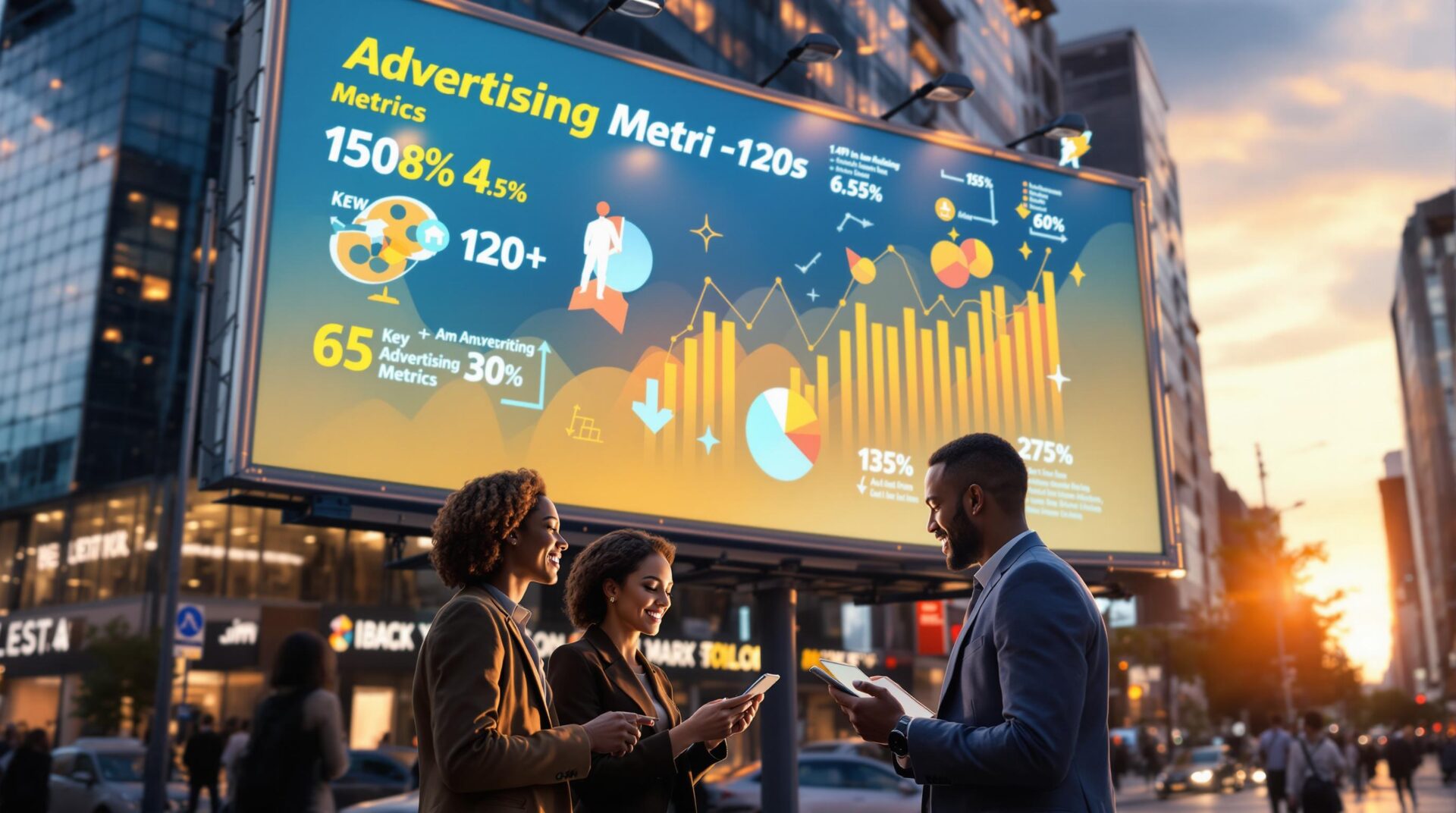 Data-driven advertising metrics billboard with charts, graphs, and key performance indicators in a city center.
