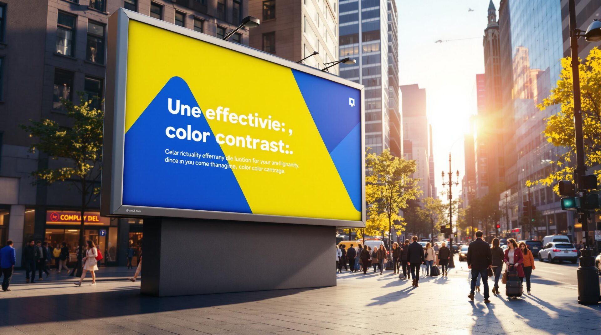 Large yellow and blue billboard about color contrast on a sunny city street with trees and tall buildings, people walking below.
