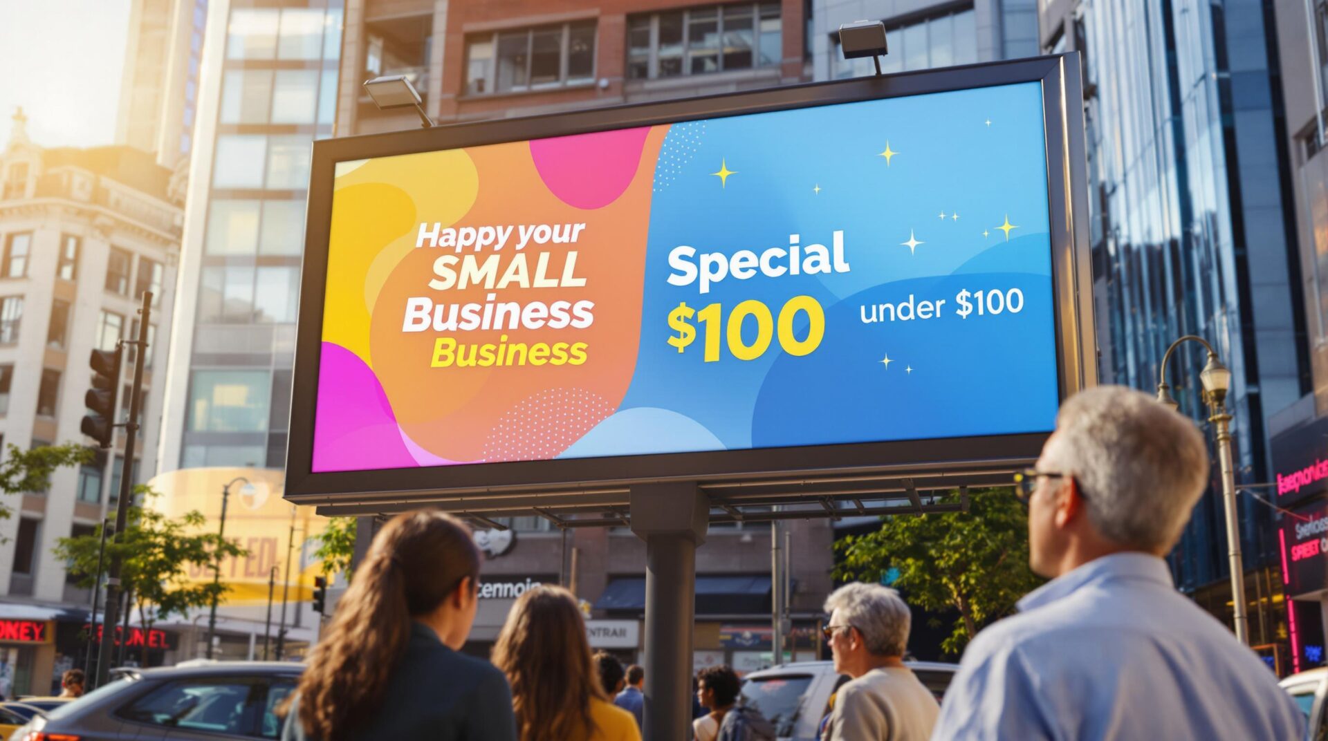 Large billboard with “Happy your small business” style messaging and simple shapes.
