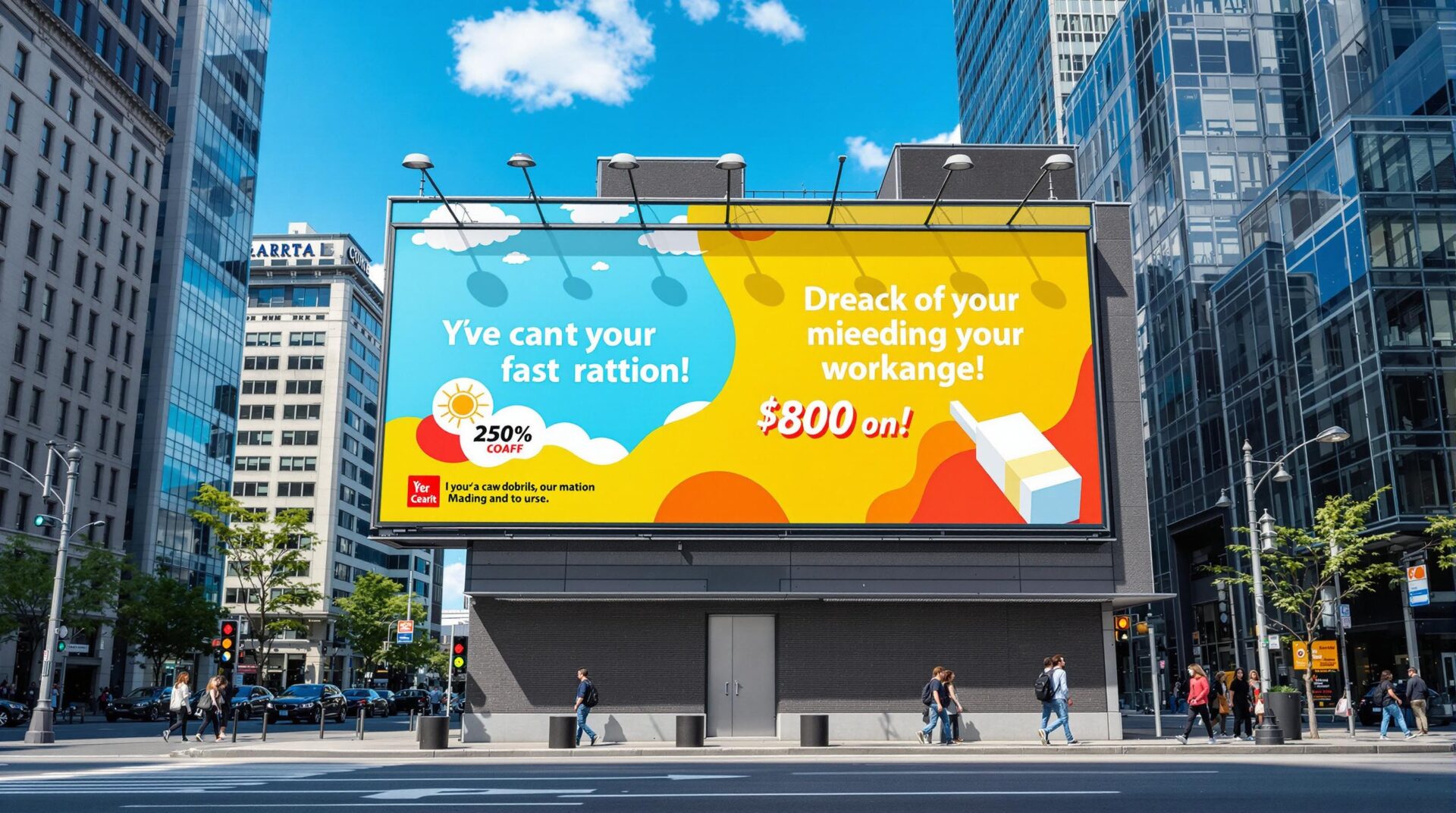 Vibrant digital billboard with abstract sun and bright offers promoting sales and discounts in an urban street.