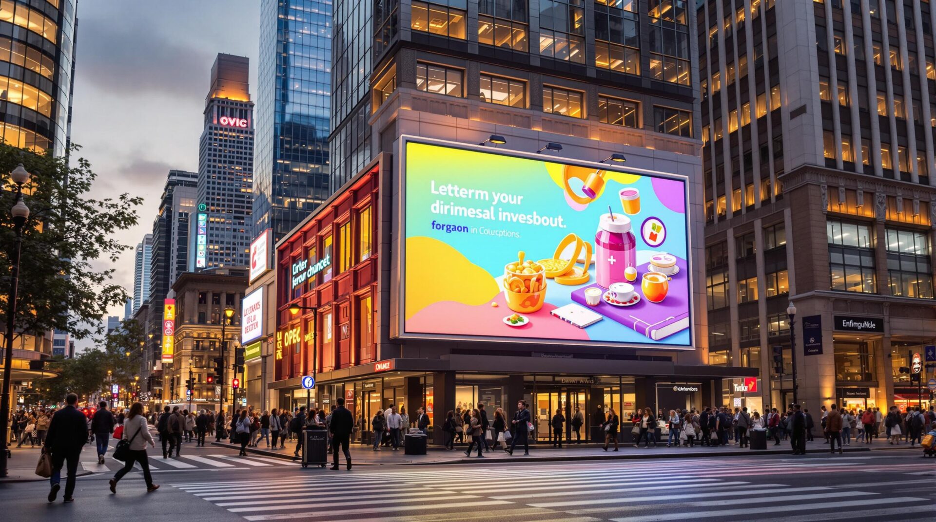 Colorful digital billboard with snacks and drinks illustration in an urban night setting, people crossing the street.