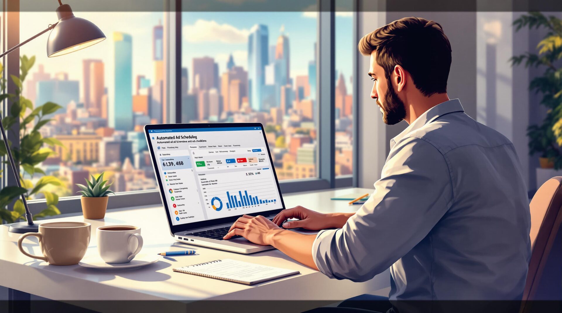 Man at desk with coffee and laptop open to an automated ad scheduling dashboard, city skyline view through window.