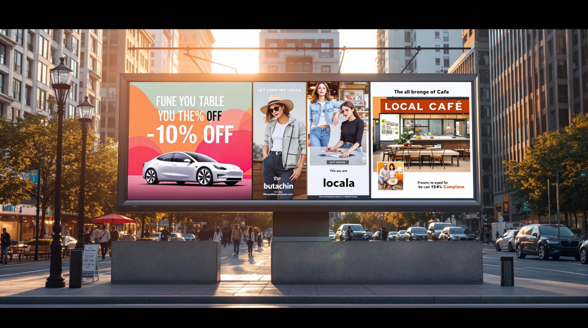 Horizontal billboard split into multiple panels promoting local cafes, discounts, and shopping.