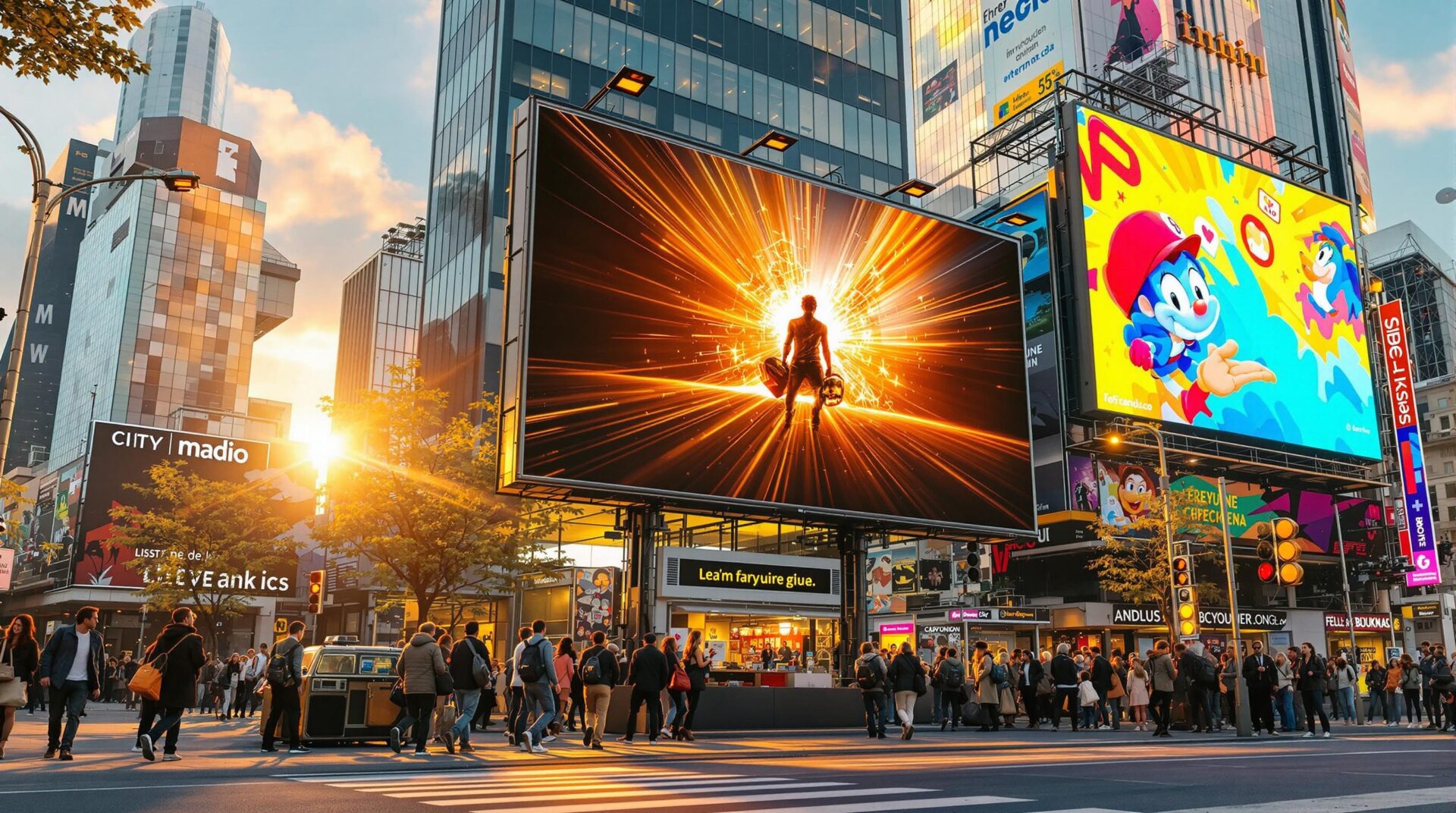 Large outdoor digital billboard in a busy city with glowing orange light rays and a silhouetted figure holding items, crowd crossing the street below.