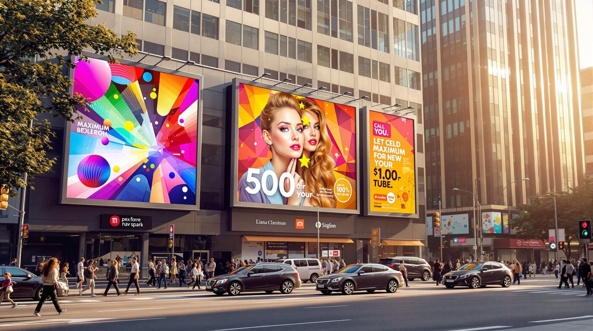 Three side-by-side vibrant billboards on a busy city building showing colorful abstract design, beauty ad with two women, and bright sale graphics; cars and pedestrians below.