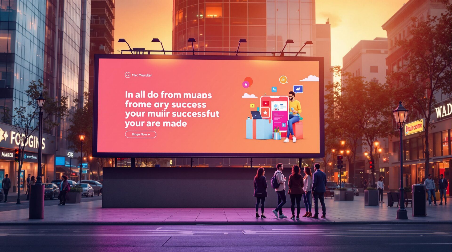 Large outdoor digital billboard with bright orange ad and abstract graphics on a city street at sunset with pedestrians below.