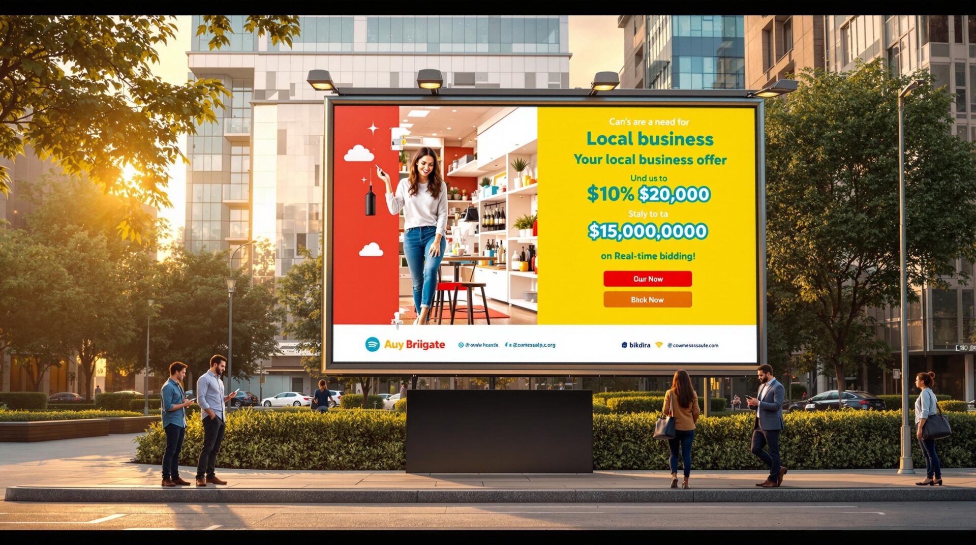 City street digital billboard with woman in a local business ad promoting discounts and real-time bidding.
