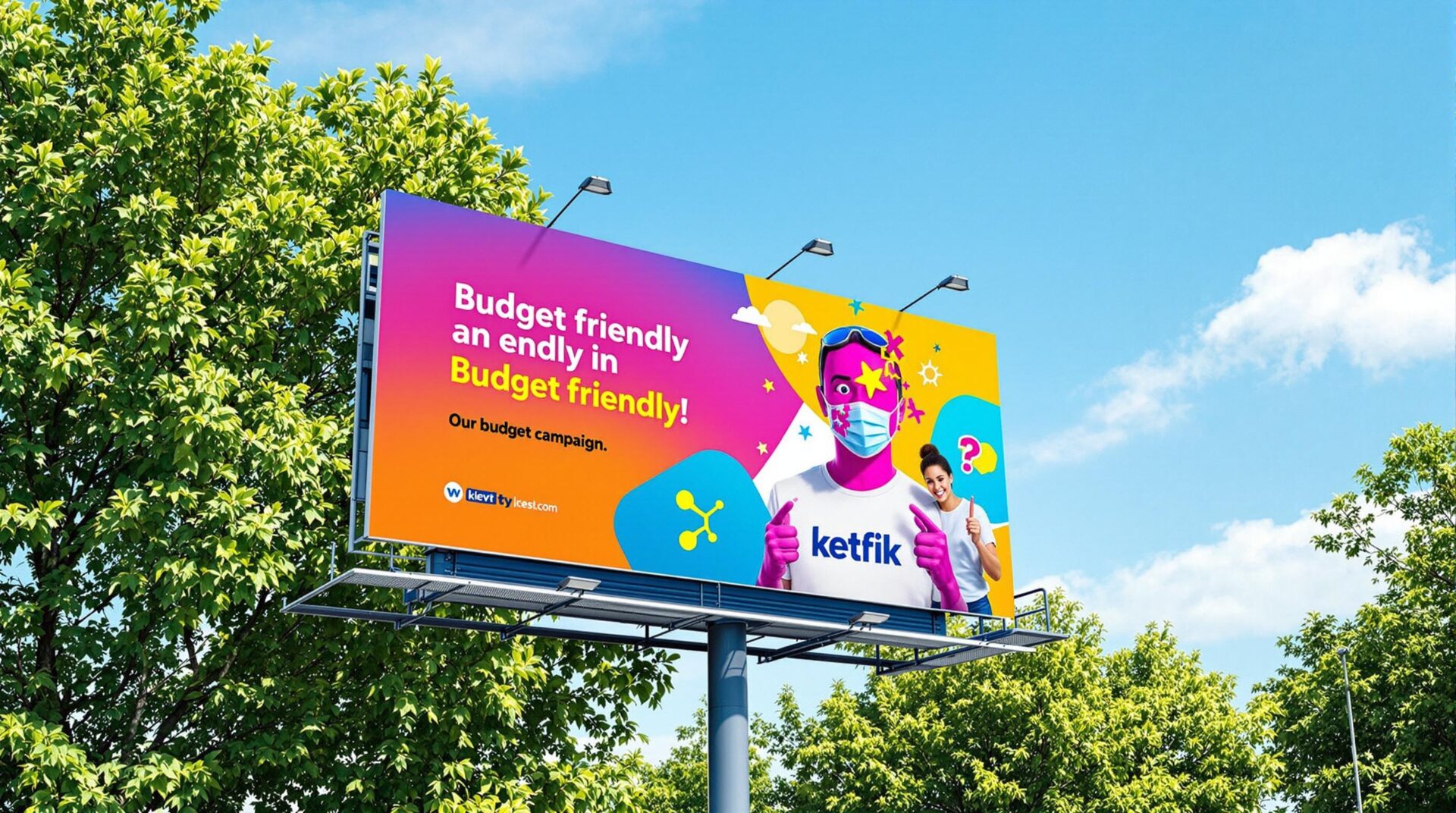 Colorful roadside billboard with abstract cartoon character and playful budget-friendly marketing message.